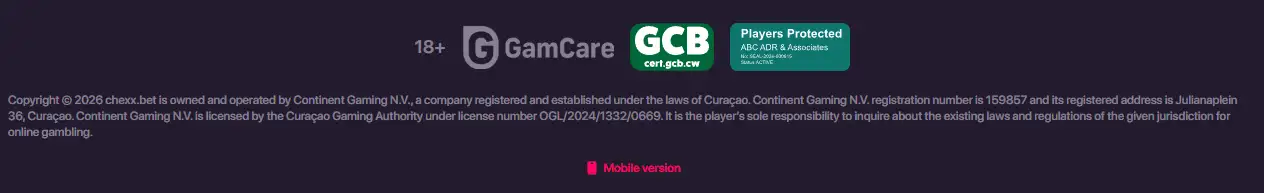 CHEXX licence information or official Curaçao Gaming Authority certificate