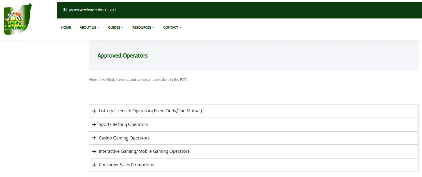 Official Nigerian gaming regulator page showing approved or licensed operators