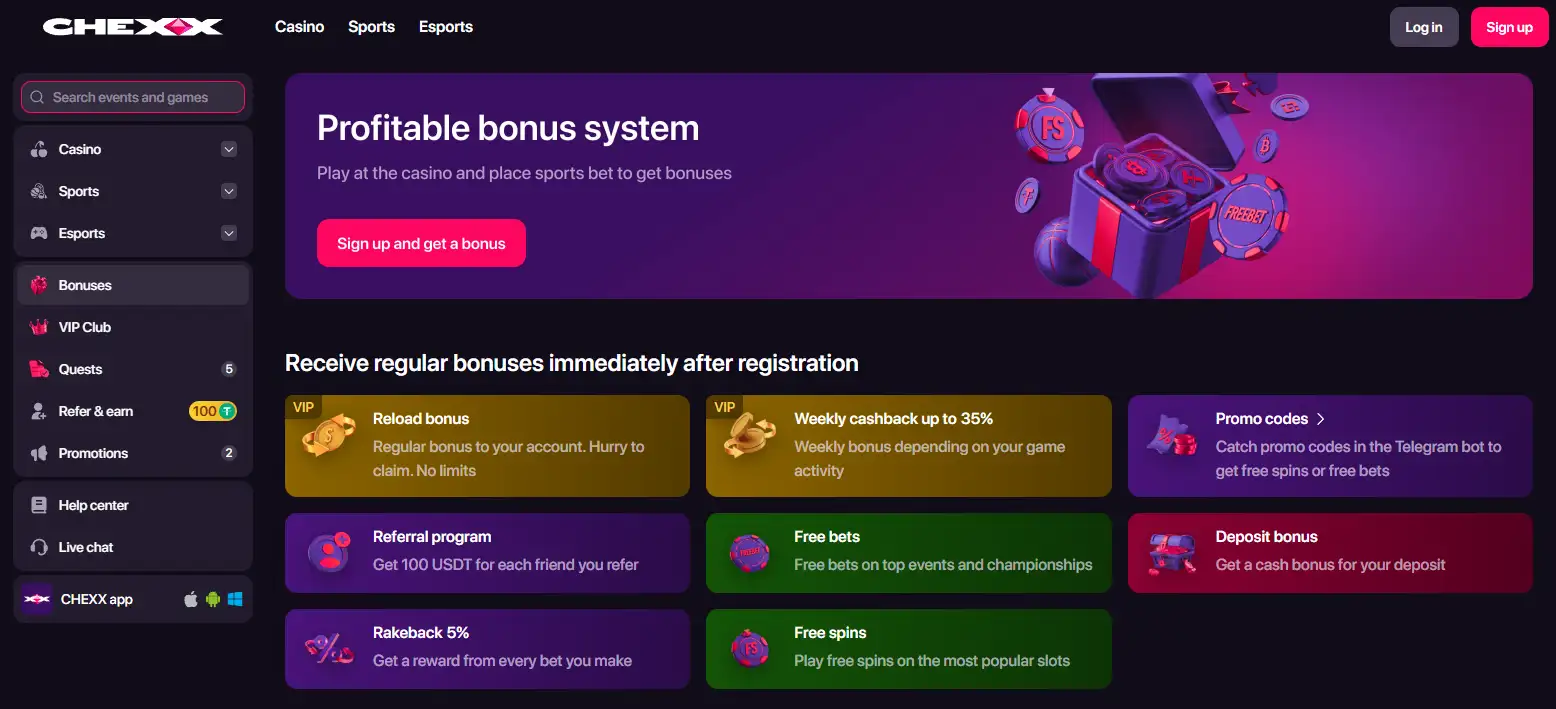 CHEXX bonuses and promotions section