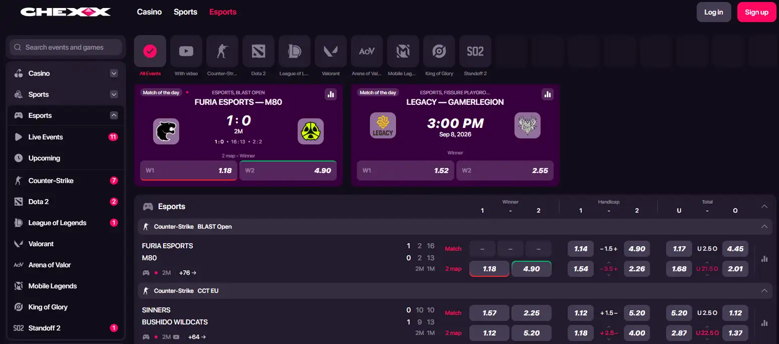 CHEXX esports betting interface