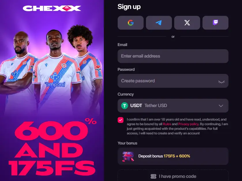 CHEXX registration or account creation interface