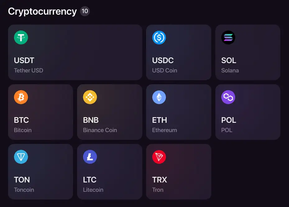 CHEXX cryptocurrency cashier with asset and network choices