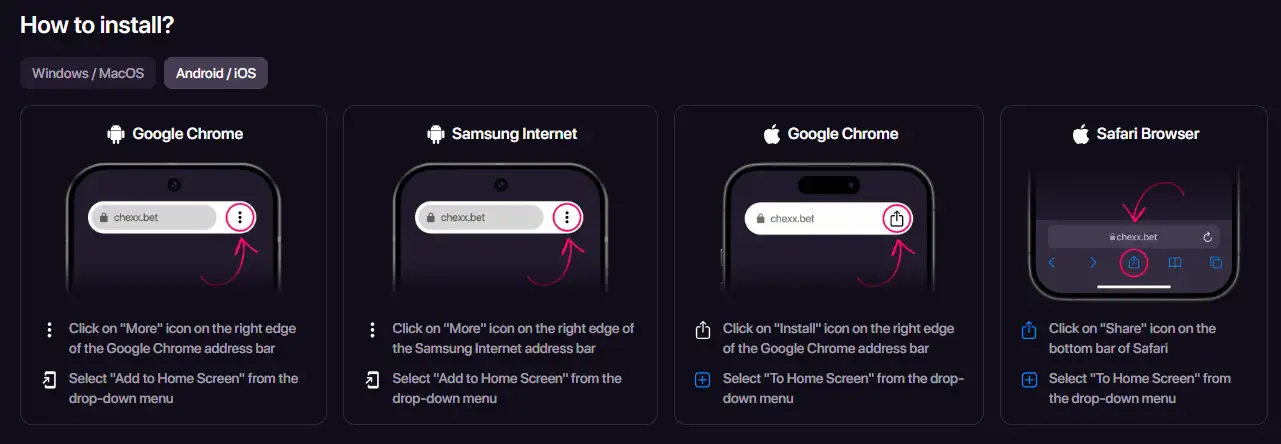 CHEXX official PWA installation interface on a mobile device