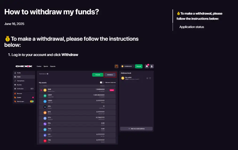 CHEXX withdrawal interface showing cryptocurrency and network selection