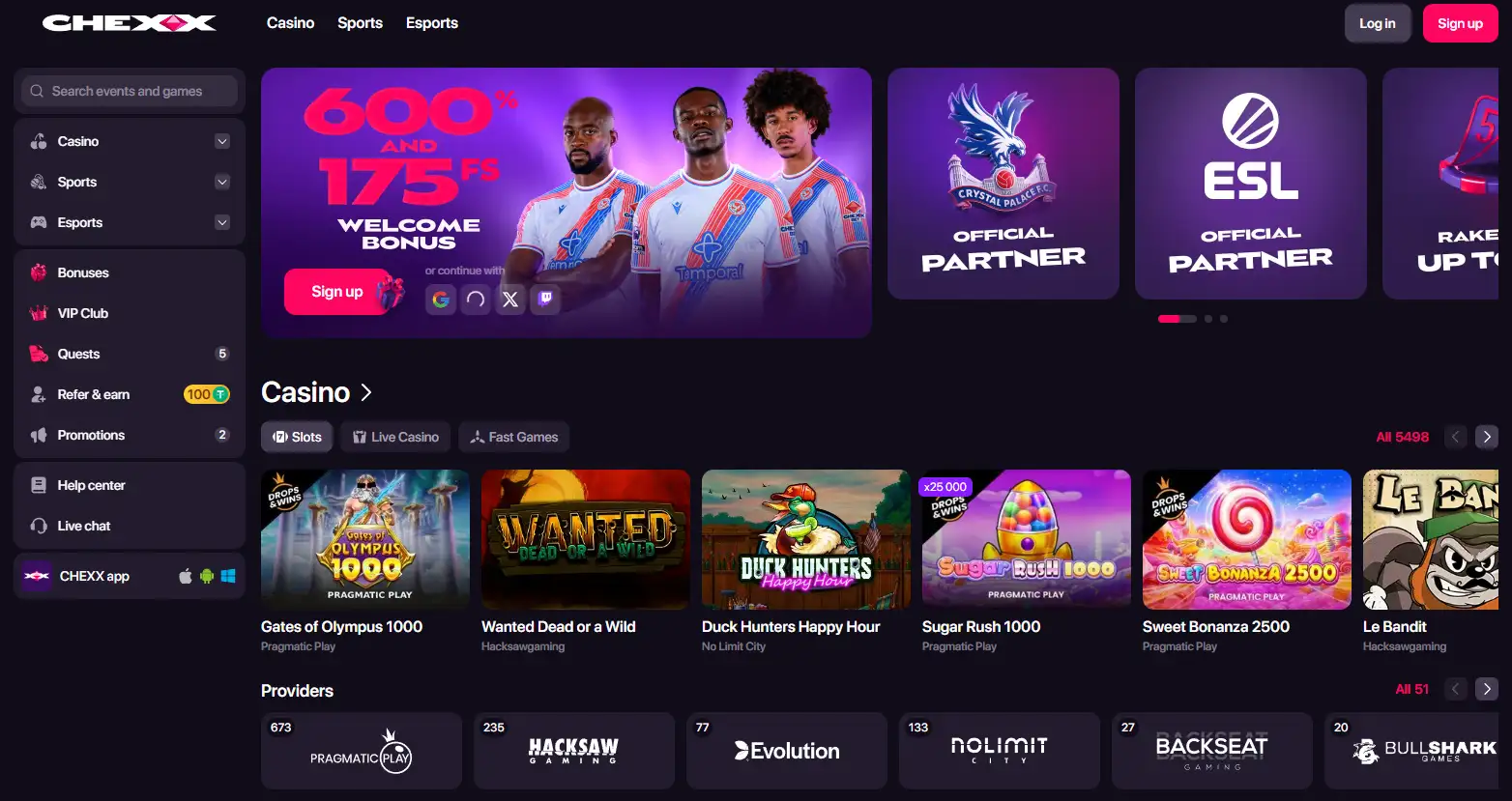 CHEXX casino and sportsbook interface
